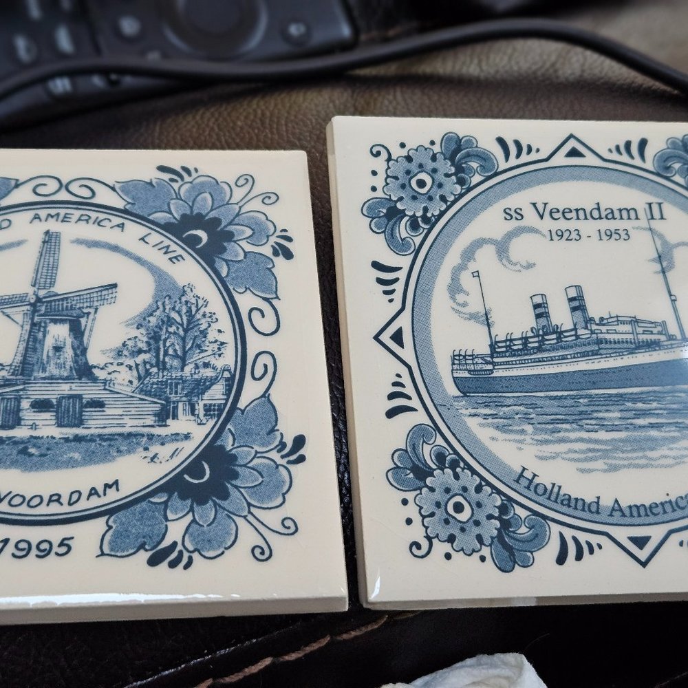 Vintage holland American line delft tile coasters set of two